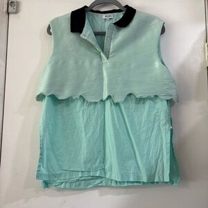 Kenzo Paris Mixed Media Sleeveless Top Mint Green Ruffle Overlay Collar Polo 40